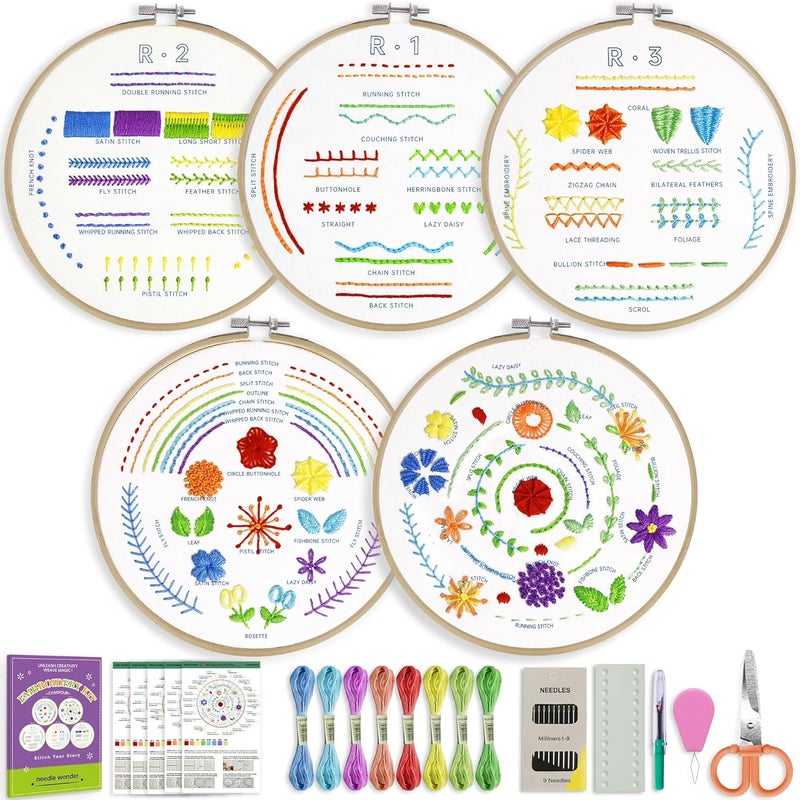 CYANFOUR 5 Stage Starter Embroidery Kit for Beginners Adults and Teens, Easy to Learn 33 Different Stitches from Video & Instruction, Needlepoint Kits for Adults with Stamped Embroidery Patterns. - Image 3